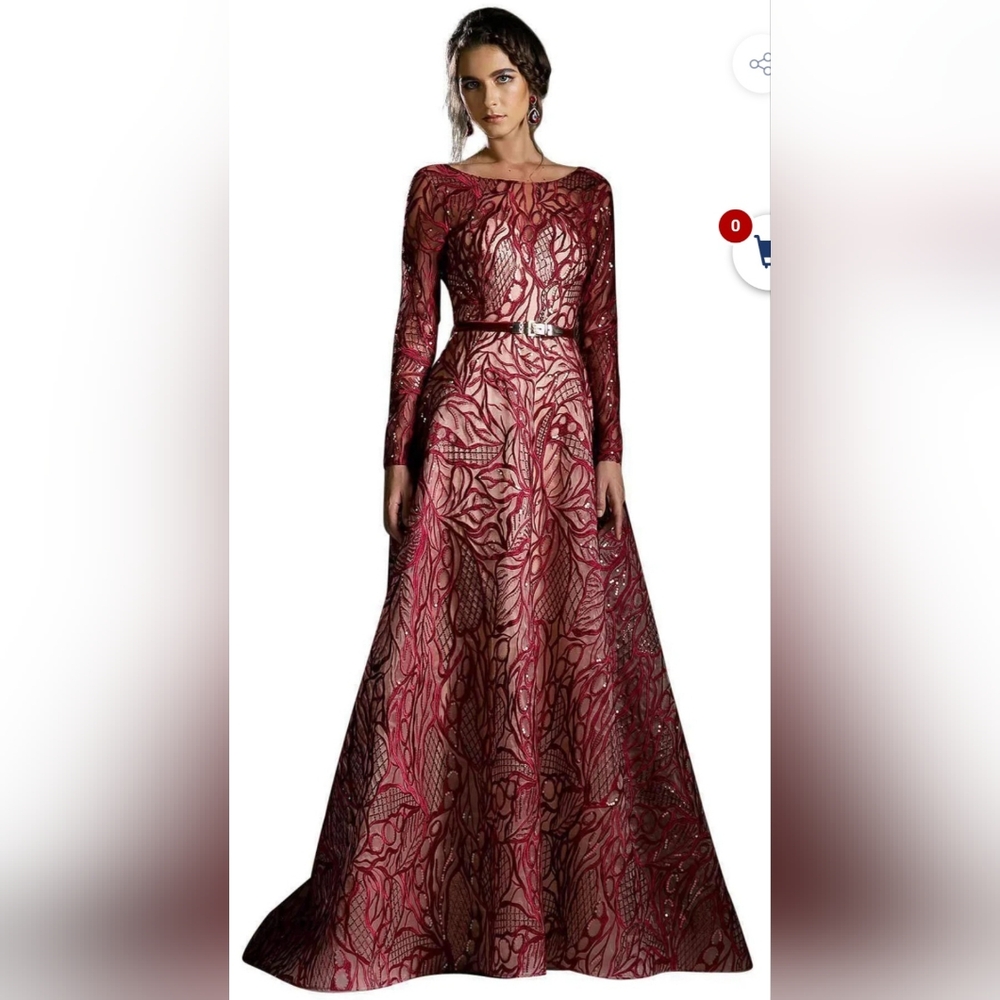 Andrea and Leo A5206 Pangaea lace long sleeve gown Burgundy Red and Cream